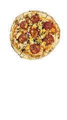 Pizza on the table, top view. transparent background. Copy space.