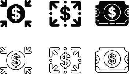 Money Transaction Icons: A set of six distinct money transaction icons, featuring variations of dollar signs, arrows indicating transfer, and stylized bank notes.