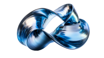 Twisted metallic form with blue textures, cut out transparent