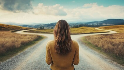 A woman stands on a road with two paths ahead of her. She is wearing a yellow sweater and looking ahead. The scene is peaceful and serene, with the woman seemingly contemplating which path to take