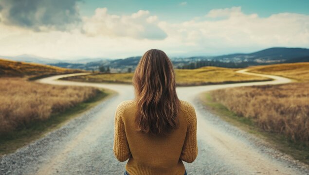 A woman stands on a road with two paths ahead of her. She is wearing a yellow sweater and looking ahead. The scene is peaceful and serene, with the woman seemingly contemplating which path to take