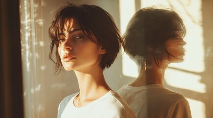 A woman with short hair and a white shirt is standing in front of a window. The sunlight is shining on her face, making her look beautiful and radiant