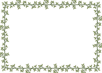 Rectangular border with a branch of green leaves. Illustration made with leaves on a white background creating a rectangular border.
