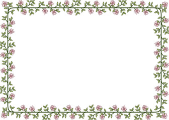 Rectangular border with a branch of leaves and flowers. Illustration made with flowers and leaves on a white background creating a rectangular border.
