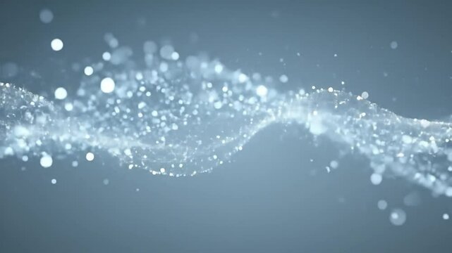 elegant and abstract video featuring a stream or wave of shimmering silver and white particles flowing across a soft, muted blue background. The particles subtly sparkle and move organically, creating