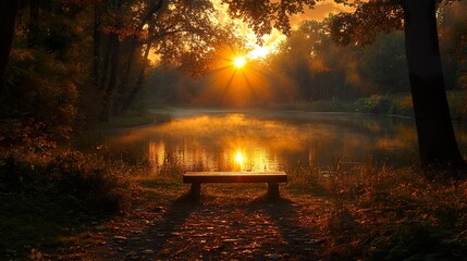 A mystical forest path illuminated by the golden rays of sunset, creating an enchanting and magical atmosphere