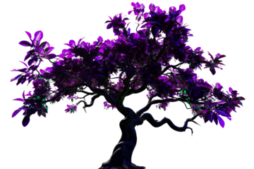 Whimsical stylized tree, violet leaves, dark trunk, detailed, cut out transparent