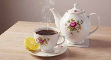 Fototapeta premium Elegant tea set with lemon