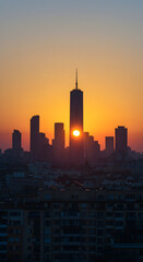 Obraz premium Photo Cityscape Sunset Golden Hour Illuminates Urban Skyline