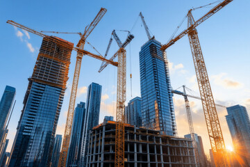 Skyline filled with cranes showcasing urban growth and development at sunset