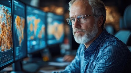Man with beard analyzing data maps on multiple monitors