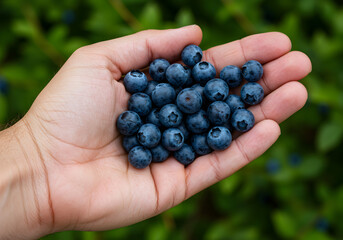 Realistic Photo Of Hand Holding Ripe Blueberries with Green Natural Background