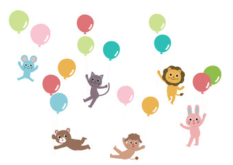 風船でふわふわと飛んでいるかわいい動物たちのセットイラスト