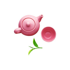 Top view of Pink teapot with tea leaf on transparent background