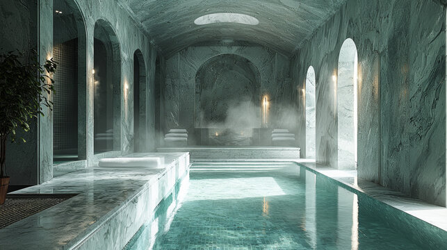 Elegant Turkish hammam with marble walls and a serene steam atmosphere