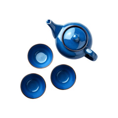 Top view of blue teapot with tea cup on transparent background