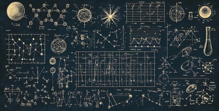 Physics Formulae, Graphs, Equations and Chemical Structure on Transparent Background