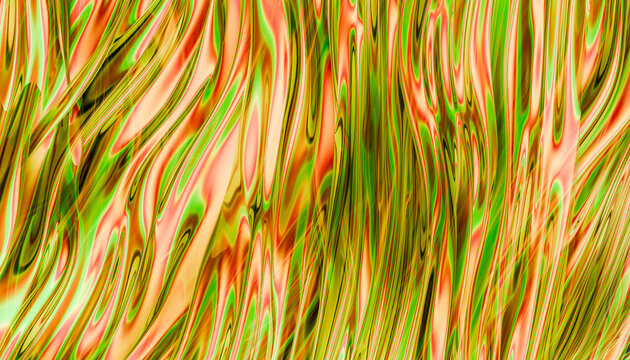 Abstract 3D render with green and yellow fabric-like waves