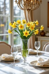 elegant spring dining table with a crystal vase of daffodils as the main centerpiece under natural light.