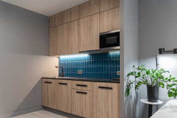 modern small kitchen. Kitchen unit design with built-in lower and upper cabinets. Wooden furniture....