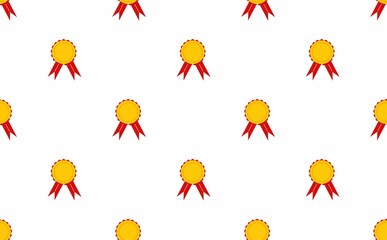 gold medal with red ribbon. seamless pattern with gold medal on white background.