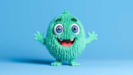 Cute Furry Green Monster Mascot Smiling with Big Eyes on Blue Background - Friendly Cartoon Character, 3D Render