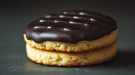 A hyper-realistic close-up macro shot of a shortbread biscuit dipped in chocolate.