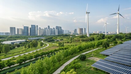 Modern cityscape with wind turbines, solar panels, and lush greenery promoting clean energy and sustainability.