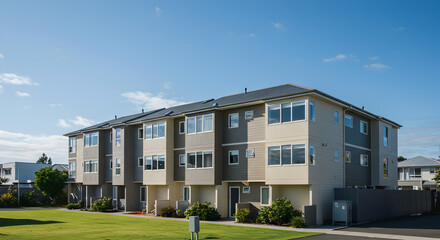 Photo of a Modern Residential Building Exterior With Blue Sky and Green Grass