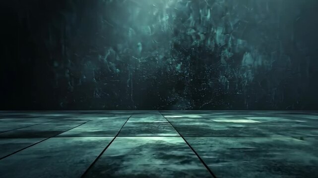 Dark, moody room with textured walls and tiled floor, lit by a single spotlight