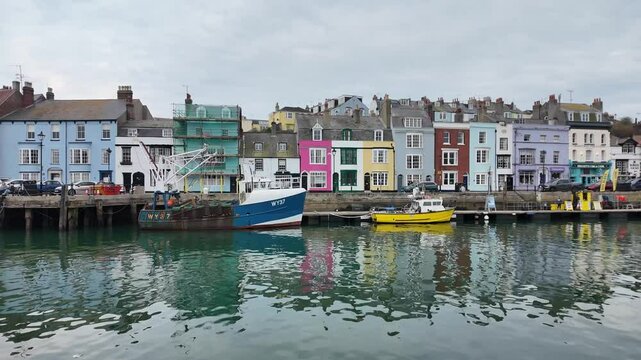 Weymouth Dorset England UK. 23.04.2025. Video. Fishing boats alongside on Weymouth waterfront  and colourful homes and businesses