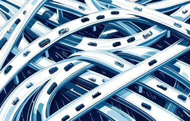 Intricate Highway Interchange: A Blue and White Stylized Illustration