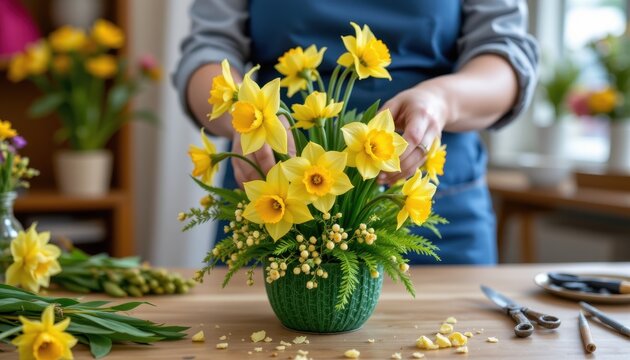floral workshop photo of hands crafting a seasonal daffodils centerpiece with wire and foam base.