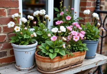 urban balcony garden styled with cotton flowers in upcycled containers to promote eco decor living.