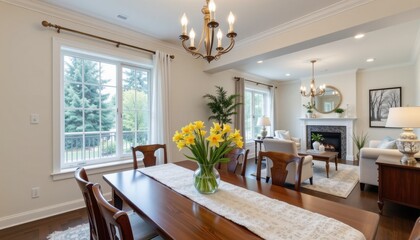 Fototapeta premium real estate staging image showing dining area with seasonal daffodils centerpiece as focal point.