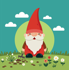 Cute Garden Gnome with White Beard and Hat