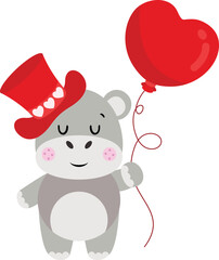 Cute Hippo with Red Heart Balloon and Hat