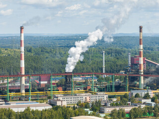 Coking Plant factory. Coke plant.Heavy industry in Dabrowa Gornicza, Europe, Poland. Air pollution from chimneys. Ecology and environmental. Aerial drone photo View