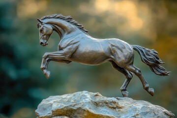 Fototapeta premium Bronze sculpture of a horse in mid-leap atop a rock.