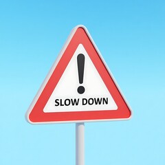 Red triangular Slow Down warning sign with exclamation mark against a blue sky background