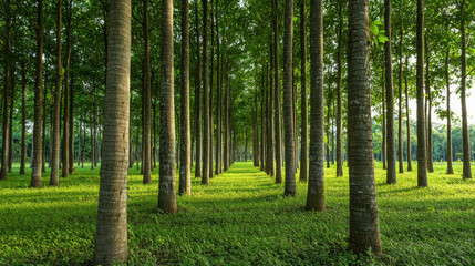Obraz premium Serene Forest Pathway Surrounded by Tall Trees and Lush Green Grass in Bright Nature Light