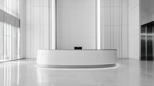 Fototapeta Modern office lobby reception desk, minimalist design, bright interior, elevator background, corporate image