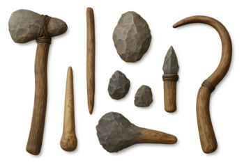 A collection of stone tools and weapons made from rocks and wood, typical of prehistoric human craftsmanship. Concept Prehistoric Stone Tools, Ancient Weapons, Human Craftsmanship