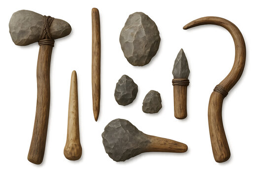 A collection of stone tools and weapons made from rocks and wood, typical of prehistoric human craftsmanship. Concept Prehistoric Stone Tools, Ancient Weapons, Human Craftsmanship