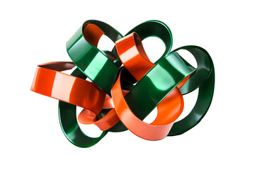 Tangled green orange glossy ribbons, looping shape, cut out transparent