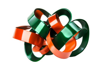 Tangled green orange glossy ribbons, looping shape, cut out transparent