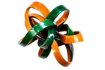 Tangled Loop Sculpture, Green and Orange Ribbons, Isolated, cut out transparent