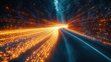 Speed, Light Trails on Winding Road Through Forest at Night