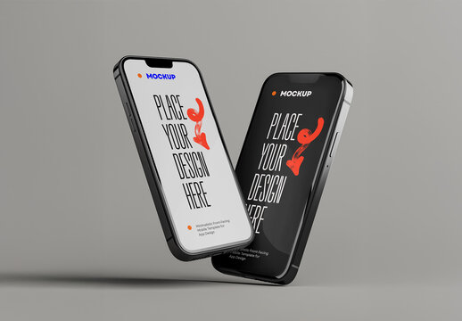 Floating Dual Smartphone Mockup &ndash; Clean Front-Facing Display Template for App UI and Branding in Minimal Light and Dark Modes