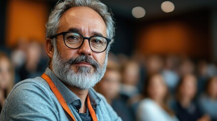 Mature man with glasses in a crowd, looking at the camera calmly
